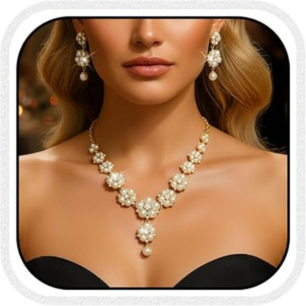 Sparkly Pearl Rhinestones Wedding Party Prom Necklace Earrings Set High Fashion‎